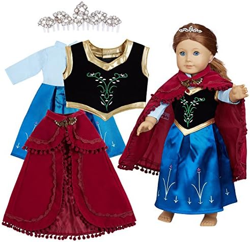 Doll Clothes (Princess Frozen Evening Gown Complete set including Printed Dress,Emborderied Vest,Shawl,Crown fits for18 Inch American Girl Dolls)Packaged in a gift box!
