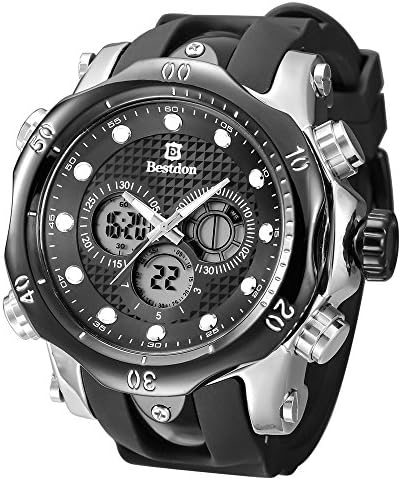 BESTDON Sport Men's Watch Analog&Digital Time Display 50M Waterproof Luminous Large Date Black&Silver