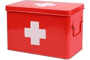 Flexzion First Aid Medicine Box Supplies Kit Organizer - Empty 13" Red Metal Tin Medic Storage Bin Hard Case with Removable Tray White Cross, Vintage Antique Boxes for Home Family Emergency Tool Set
