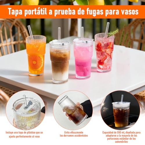 4 Piezas Vasos de Cristal de 550ml, Vaso de Vidrio con tapa y popote, para café/batidos/cócteles y jugos/vasos/Whisky/Capuchino