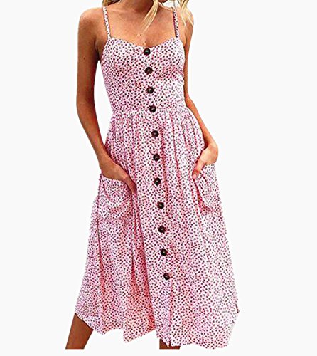 Qisc Summer Dresses, Womens Sleeveless Boho Floral Buttons Swing Sundress Spaghetti Strap Beach Dresses (L, Pink)