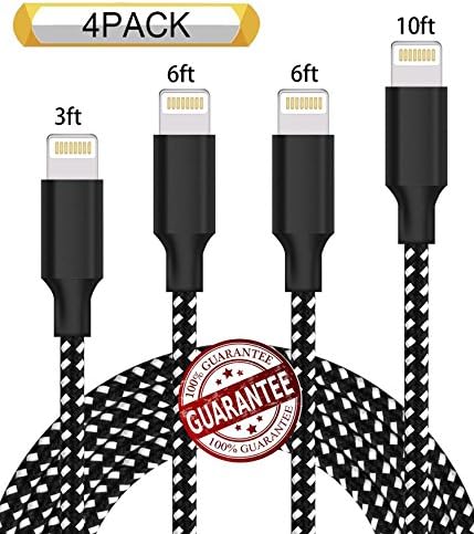 Zcen Lightning Cable 4Pack 3FT 6FT 6FT 10FT Nylon Braided Certified iPhone Cable USB Cord Charging Charger for iPhone X,8, 7, 7 Plus, 6, 6s, 6+, 5, 5c, 5s, SE, iPad, iPod, iPod Touch Black White