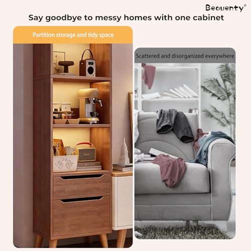 Beauenty Display Book Shelf, Floor Standing Bookcase Storage Unit, 3-Tier Open Shelf with 1 Drawer and 1 Door Cabinet, Wooden Storage Rack for Living Room, Home Office (Walnut)