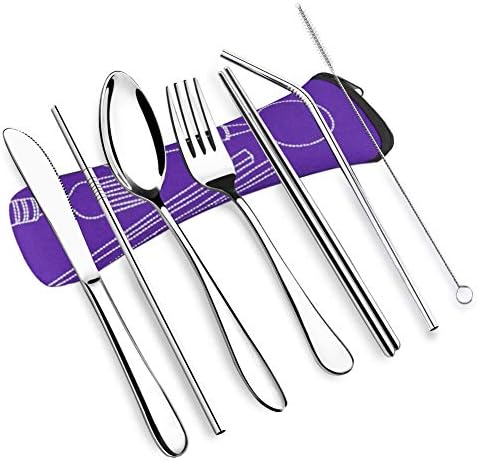 VICBAY 7 Pieces Stainless Steel Flatware Set, Knife Fork Spoon Chopsticks Set, Travel Camping Cutlery Set with Neoprene Case, Reusable Lunch Box Utensils, Portable Travel Silverware Set
