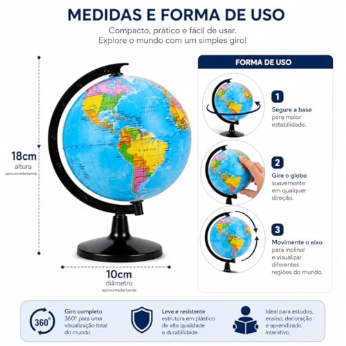 Globo Terrestre Político Giratório com Mapa Atualizado Países e Capitais BR
