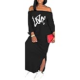Women's Casual Off Shoulder Maxi Dress - African Print Summer Loose Long Sleeve Tunic T Shirt Dresses with Pockets