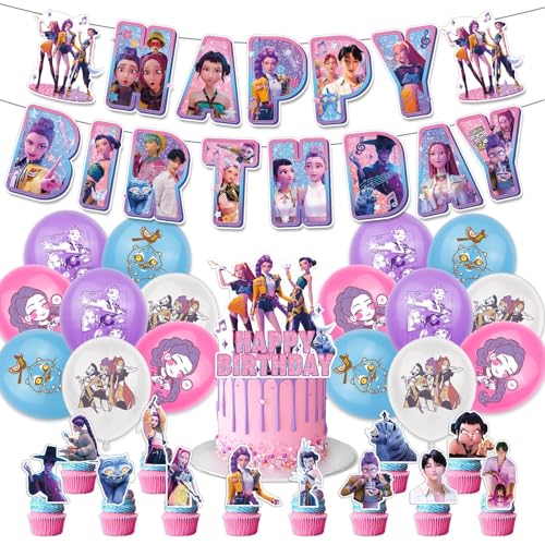 K𝘱𝘰𝘱 D𝘦𝘮𝘰𝘯 H𝘶𝘯𝘵𝘦𝘳𝘴 Birthday Decorations Huntrix Party Decoration Huntr/X Figure Printed Cake Topper Cupcake Toppers Banner Balloons Party Decorations Supplies for Kids(A-10, One Size)