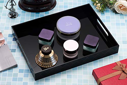 Glossy Black Sturdy Acrylic Serving Tray With Handles - 10x15 Inch for Coffee, Appetizer, Breakfast, Butler - Kitchen Countertop, Makeup Drawer Organizer, Vanity Table, Ottoman, Decorative