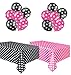 Polka Dot Party Set, Includes 1 Hot Pink Tablecloth, 1 Black Tablecloth, 6 Hot Pink Balloons and 6 Black Balloons.