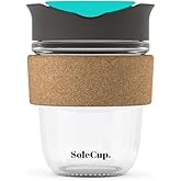 SoleCup. - Reusable Strengthened Glass Travel Cup - Spill Proof Insulated Coffee Mug - 12oz/340ml BPA-Free Hot Drink Travel Mug with Lid & Cork Band (Gray and Blue, 12oz)