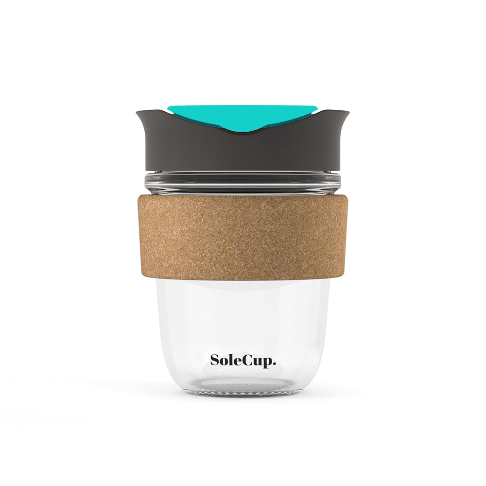 SoleCup. - Reusable Strengthened Glass Travel Cup - Spill Proof Coffee Mug - 12oz/340ml BPA-Free Hot Drink Travel Mug with Lid & Cork Band (Grey and Blue, 340ml / 12oz)