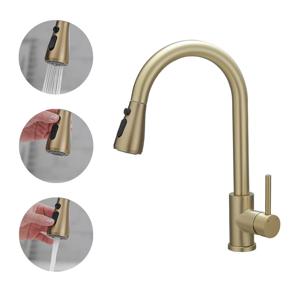 Haiba Kitchen Sink Mixer Tap with Pull Down Sprayer, Single Handle High Arc Pull Out Kitchen Taps, Kitchen Faucet with UK Standard Fittings, Brushed Gold