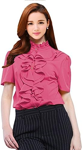 Womens Short Sleeve Ruffle High Neck Pleated Button Down Blouse Tops Shirts Rose 2XL