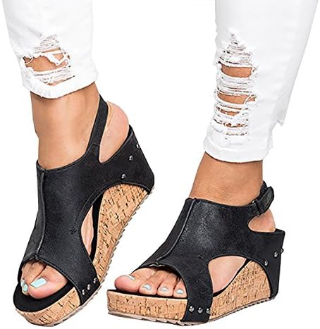 Women Sandals Wedges Peep Toe PU Belt Buckle Rivet Blocking Hook-Loop Fashion Wedges Sandals Summer Shoes