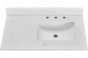 EQLOO 36" x 22" Bathroom Vanity Top, Volakas White Engineered Stone Vanity Sink Top, with Undermounted Rectangular Ceramic Right Offset Sink & Backsplash, Pre-Drilled 3 faucet Hole Countertops