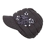 Women's Cable Knit Newsboy Visor Cap Hat with Sequined Flower Accent