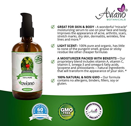 100% PURE ROSEHIP SEED OIL, Organic | HUGE 4oz Bottle | Reduce Acne Scars | Therapeutic Grade Essential Oil For Face, Skin, hair & Nails | Extra Virgin Cold-Pressed By Aviano Botanicals - Thumbnail 3