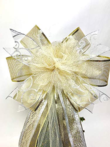 Wreath Bow, Silver and Gold, Cream Pom Pom Tree Topper, Door Decor, Gift Basket Bow, Wine Bottle Ribbon, Swag Bow