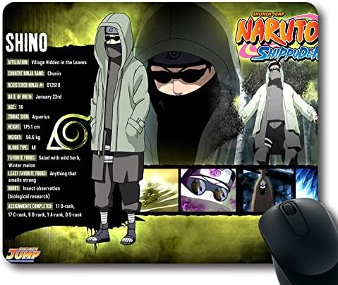 Custom Gaming Mouse Pad with Naruto Aburame Shino Guy Glasses Lettering Hood Bandana Insect Non-Slip Neoprene Rubber Standard Size 9 Inch(220mm) X 7 Inch(180mm) X 1/8(3mm) Desktop Mousepad Laptop Mousepads Comfortable Computer Mouse Mat
