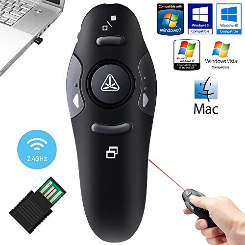 VizGiz Powerpoint Clicker with Laser Pointer Presentation Remote Control and Red Light Point Universal RC RF 2.4GHz Wireless USB PPT Presenter Controller Slide Flip Pen for School Teaching Business
