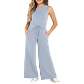 Haloumoning Girls Jumpsuits Sleeveless Rompers 5-14 Years | Round Neck, Wide Leg, One Piece Romper, Drawstring belt, Two Pockets, Little Kid Big Kids