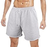 Men's Gym Sport Bodybuilding Workout Casual Shorts with Pockets 3 inch Inseam Raw Hem Terry Cotton