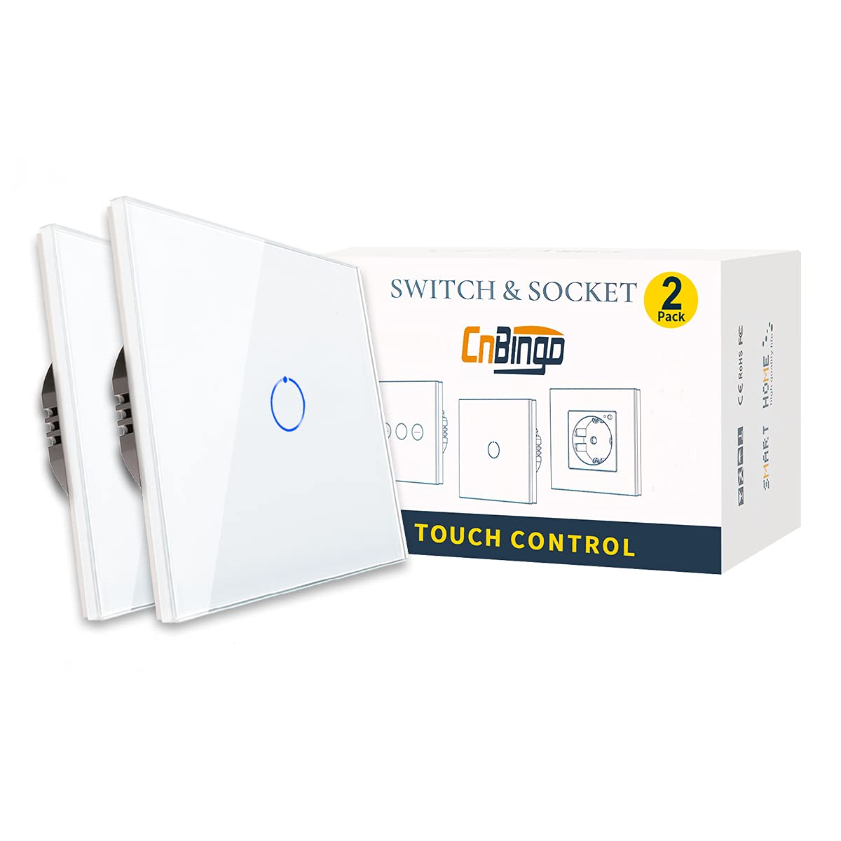 2 Pack CNBINGO Touch Light Switch, White Single Light Switch, Tempered Glass Panel with LED Backlight, No Neutral Wire Required, 1-Gang 1-Way, AC 240V 500W