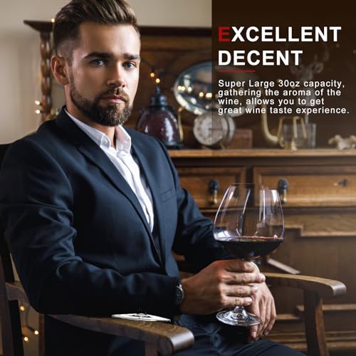 Yaschmo - Juego de 4 copas de vino tinto de 30 oz (887 ml), grandes copas de vino de cristal soplado a mano, copas de color burdeos súper grandes con tallo largo, ideales para cata de vinos, regalo