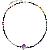 Lightock Drusy Quartz Amethyst / 7 Chakra Black Agate Beaded Choker Necklace for Women Crystals and Gemstone Yoga Meditation Reiki Spiritual Jewelry Gifts