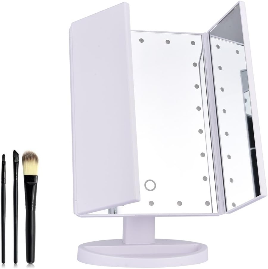 AUSHEN Lighted Makeup Mirror 22 LED Lights Touch Screen 1X 2X 3X 10X with Magnification Makeup Vanity Mirror LED with 3pcs Makeup Brushes (Trifold White)