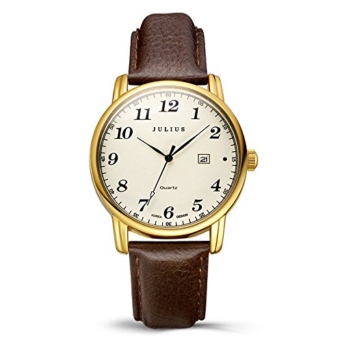 Julius JA-508 Male Gold Tone Arabic Numeral Quartz Analogue Display Fashion Casual Calendar Wrist Watch Men's Business Dress Waterproof Wristwatch