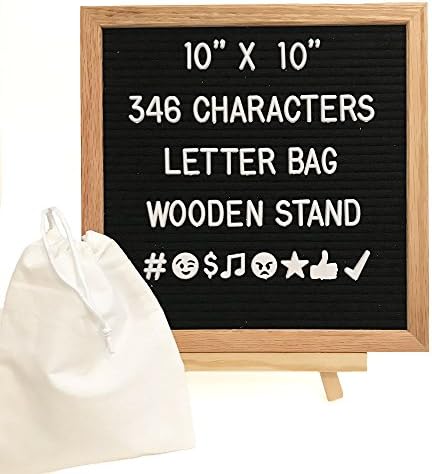 Changeable Black Felt Letter Board 10x10 Inches. Oak Frame Includes 346 White Plastic Characters, Letters & Emojis, Letter Bag, Wooden Stand, Wall Mount