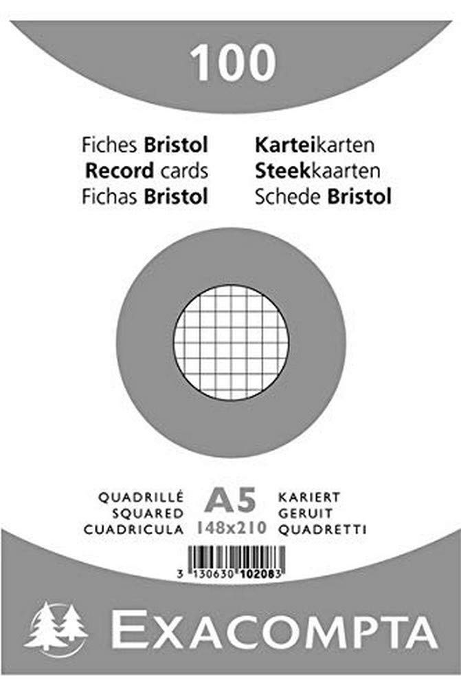 Exacompta - Ref 10208E - Bristol Squared Record Cards (Pack of 100) - A5 in Size, 205gsm Card, Compatible with Printers - Suitable for Exam Revision & Notes - White — image 1