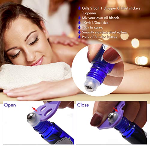 ULG Roll on Bottles 10ml Blue Glass Empty Bottles 8 Pack with Stainless Steel Roller Ball 2 Extra Balls 8 Piece Waterproof Labels 1 Opener and 3ml Dropper for Essential Oils - Thumbnail 4