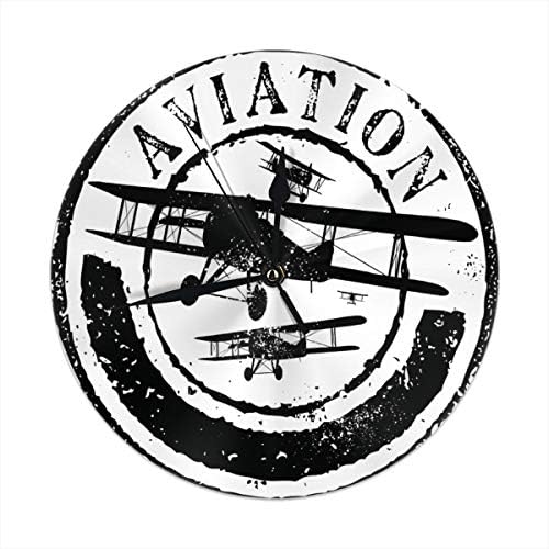 Fimaliy Wall Clock Silent Non Ticking,Grunge Stamp Design with Word Aviation and Airplane Clock for Home Bedroom Office Diameter 9.84"