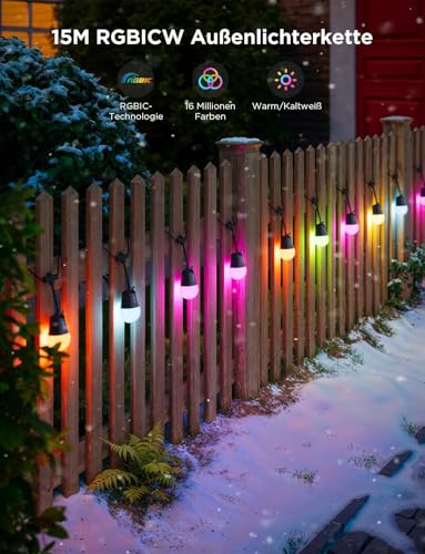 Govee Outdoor LED Lichterkette Außen 2, 15M Dimmbare RGBICW Lichterkette mit 16 Millionen Farben und 47 Szenenmodi, 100lm pro LED Lebensdauer 25000h, IP65 Wasserdicht, Funktioniert mit Google Home