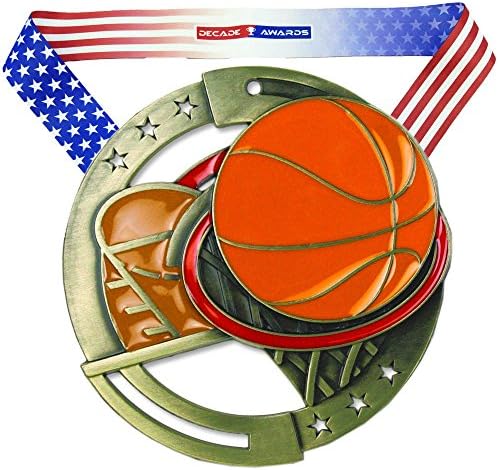 Decade Awards Basketball M3XL Premium Die Cast Color Medal, Gold - 2.75 Inch Wide First Place Medallion with Stars and Stripes American Flag V Neck Ribbon