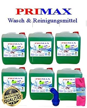 6 x 5 Liter Primax Flüssigwaschmittel Apfelduft mit Ausgießer und Tuch Waschgel Waschmittel Waschpulver