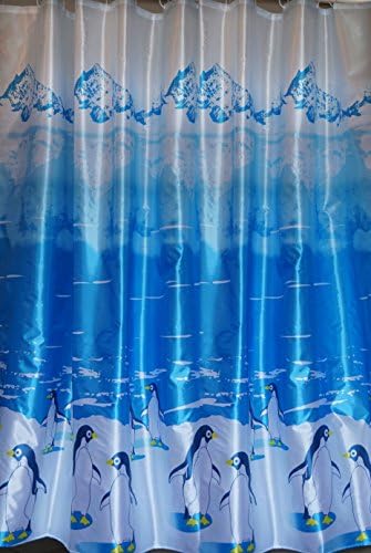 Fabric Bureau® Shower Curtain Ring Set Surface coated Fabric 100%Polyester Waterproof Bacterial Mildew Resistant (Penguin Blue)