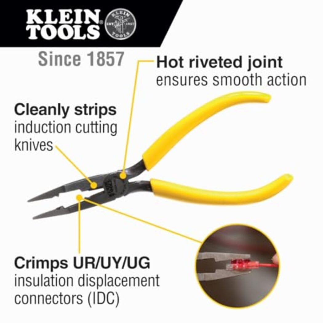 Klein Tools VDV026-049 Crimping Long Nose Pliers With Curved Handles, Grooved Jaws and Induction Hardened Steel