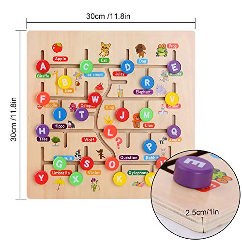 AiTuiTui Wooden Alphabet Maze Board, ABC 26 Letters Match Puzzle Learning Toys Early Educational Motor Skill Activity Matching Games with Cute Illustrations for Kids Toddlers Gifts