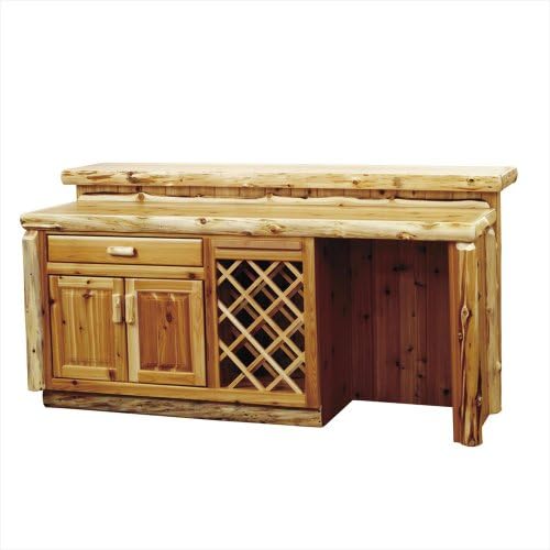 Fireside Lodge Furniture Hand Crafted Cedar Bar With Built in Cutting Board and Cabinet With Liquid Glass Finish Top , Refrigerator Opening on Right, With Wine Rack, 7', Traditional Cedar