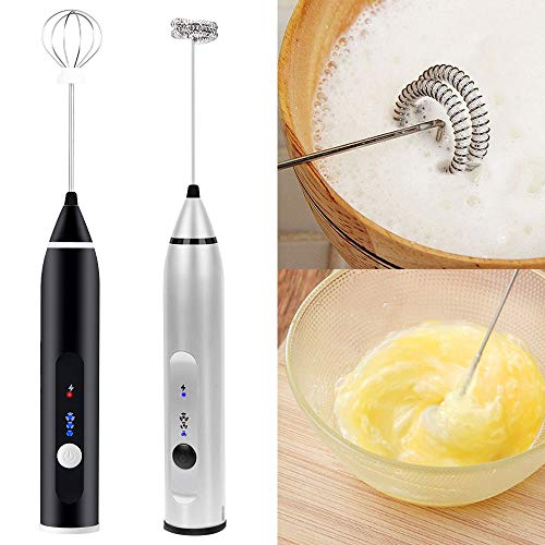 EZCO Milk Frother Handheld Electric USB Charging Drink Mixer Foam Maker for Coffee, Latter, Hot Chocolates with Egg Beater/Coffee Needle/Stencils, Black