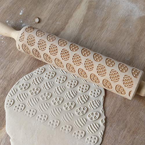 SSYongxia❤ Fashion Radish Printing Rolling Pin Engraved Carved Wood Embossed Rolling Pin Kitchen Tool
