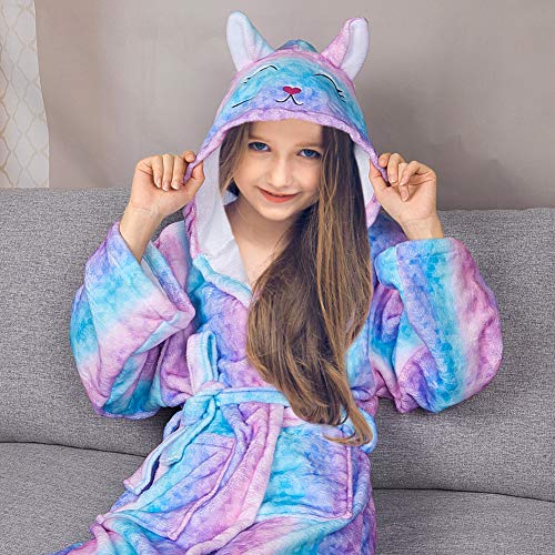 Beinou Kids Robe Fleece Bathrobes Flannel Hood Animal Bathrobe Cute Sleepwear Soft Shower Robes Swim Pool Night Robes for Children Girls(Pink & Blue Cat)