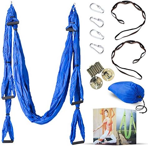 Desson Aerial Yoga Hammock Kit Set Trapeze Sling With Ceiling Hooks | Durable Swing, Extension Straps, Equipment| Ameliorate Your Poses, Alleviate Pains, Enhance Your Aerial Workouts Blue