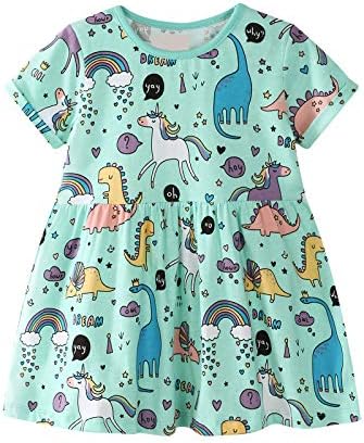 Little Girls Dress Summer Short Sleeve Animals Print Cotton Tulle Stripe Casual Tops T-Shirt Dresses Kids Clothes School Daily Dress Age Size 2 3 4 5 6 7 Years