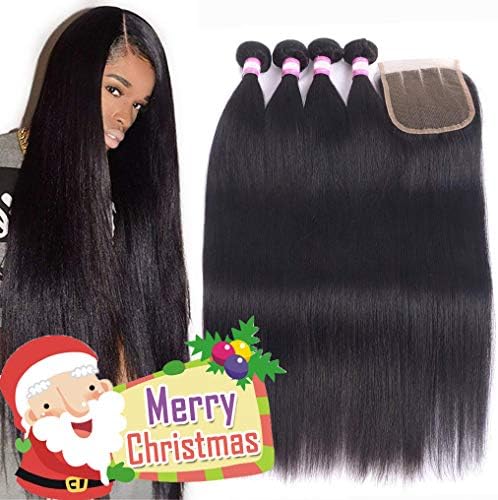 Brazilian Human Hair Bundles With Closure 8A Brazilian Straight Hair 4 Bundles With 4X4 Closure Grace Length Mink Brazilian Hair With Lace Closure(22 24 26 28+Closure 20,Three Part)