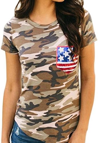 Tops Women, TOPUNDER Short Sleeve Camouflage American Flag Blouse Casual T Shirt (M, Camouflage)
