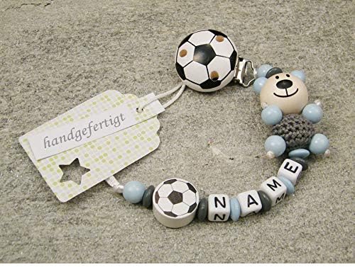 Personalised Baby Dummy Clip Chain | Pacifier Soother Holder with Preferred Name – Boys Motif Bear & Gray Football